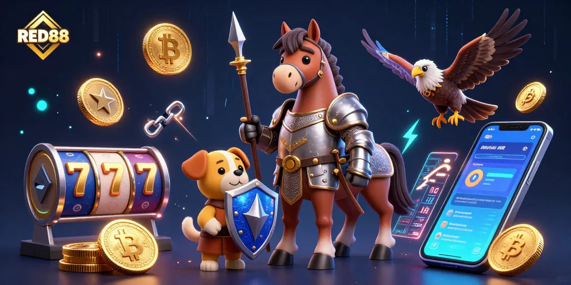 Experience the excitement of gaming at RED88 with vibrant slot reels and crypto asset illustrations.