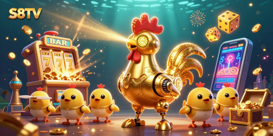 Engage with S8TV's vibrant casino adventure, featuring golden rooster robot and exciting gaming elements.