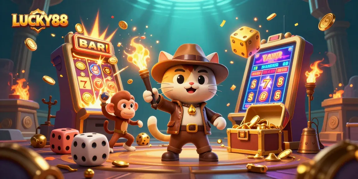 LUCKY88 slot machine adventure with explorer cat and magical casino loot.