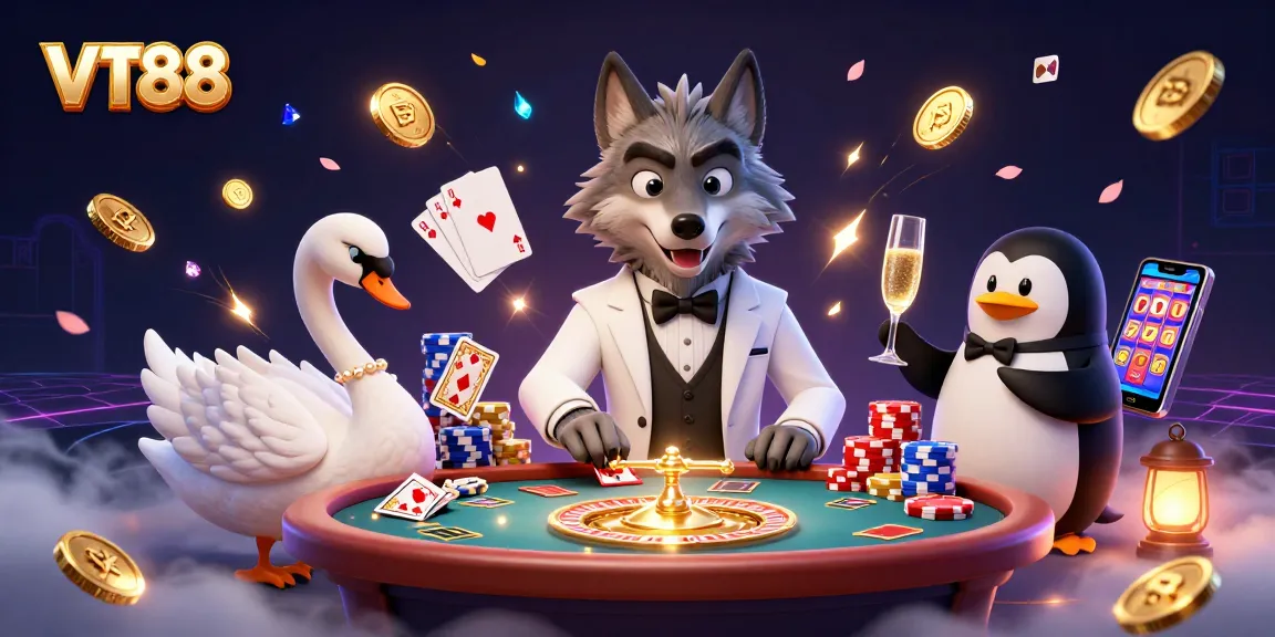 VT88 casino scene with animated characters at a baccarat table, creating a vibrant gambling atmosphere.