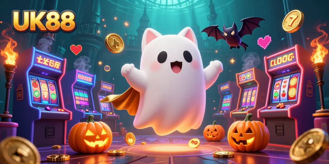 Engage with UK88's online casino charm featuring a ghost cat and jack-o-lanterns in a vibrant gaming scene.