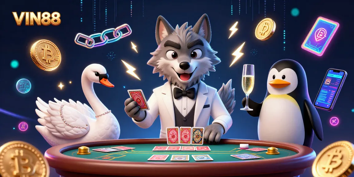 Experience the thrill at VIN88 with a baccarat table scene featuring animated characters and crypto elements.
