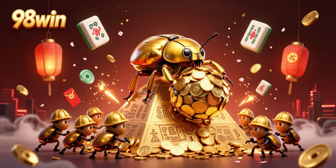 98win showcases an immersive 3D illustration of a golden beetle rolling coins, symbolizing exciting casino adventures.