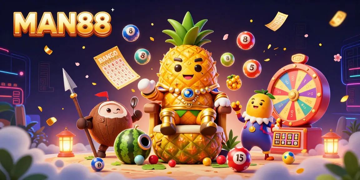 Engage with MAN88's vibrant casino experience featuring a golden pineapple king and dynamic gaming elements.