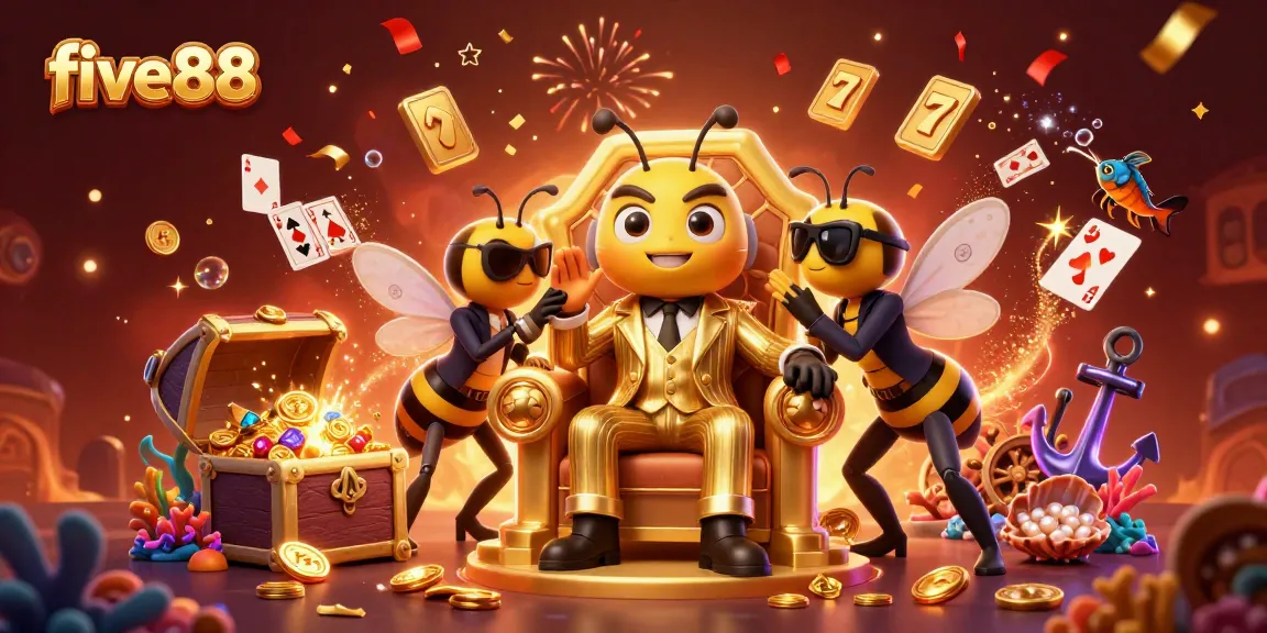 Experience the thrilling world of five88 with a colorful 3D casino illustration showcasing a lively gambling scene.
