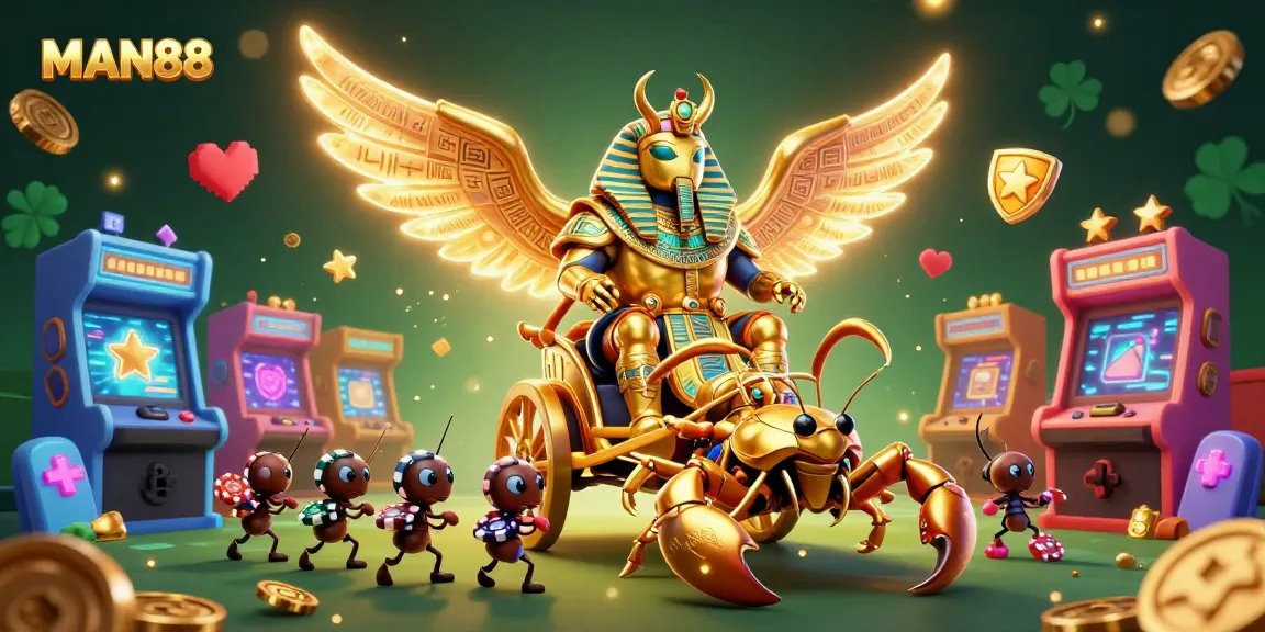 Engaging MAN88 gambling scene with a 3D scarab and scorpions, highlighting poker chip action.