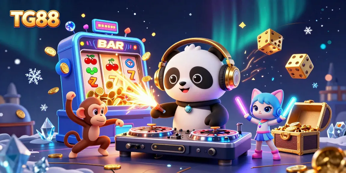 Experience thrilling gaming action at TG88 with a lively DJ panda, dancing monkey, and glowing kitten.