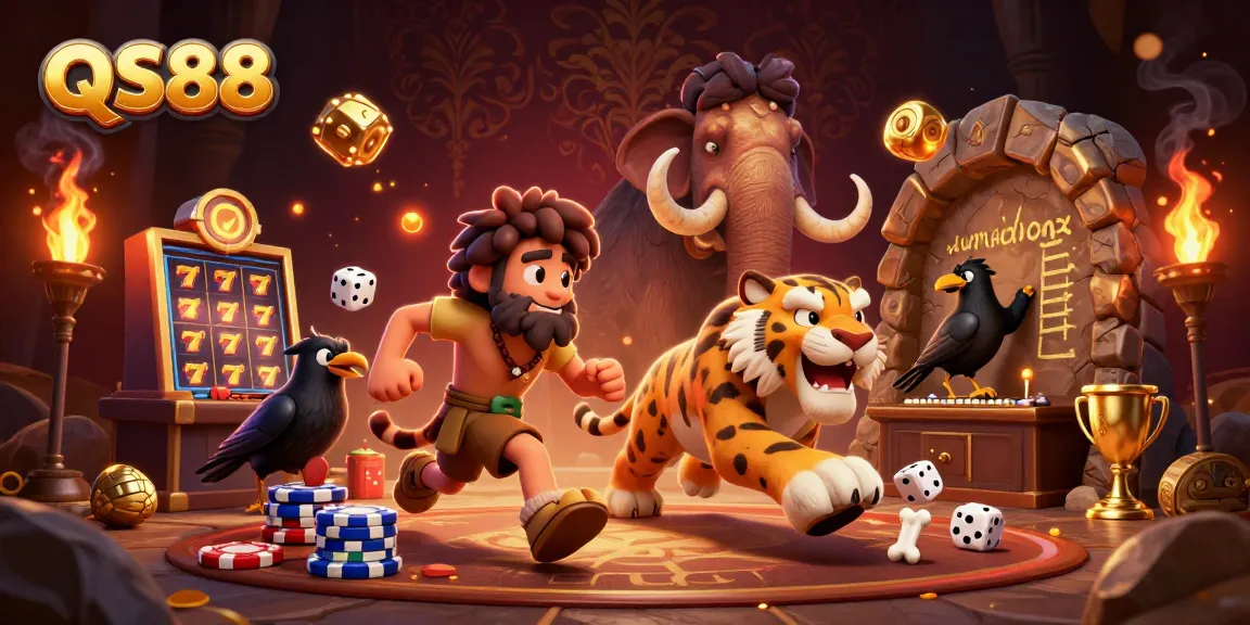 Experience thrilling gaming adventures with QS88 in a vibrant prehistoric casino scene.