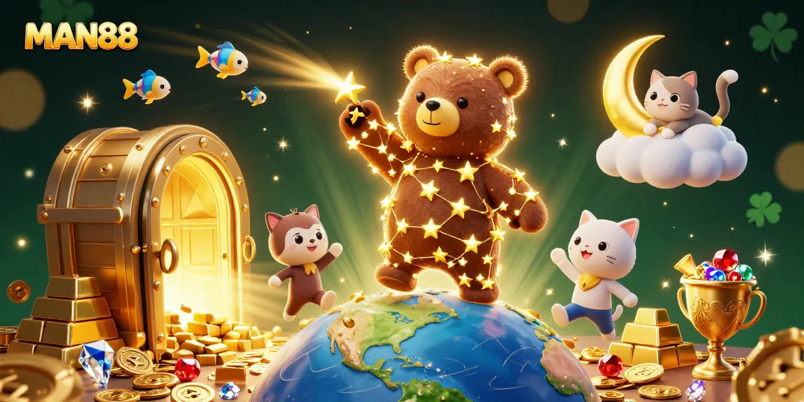 MAN88 showcases a magical casino-themed universe with sparkling treasures and celestial companions.