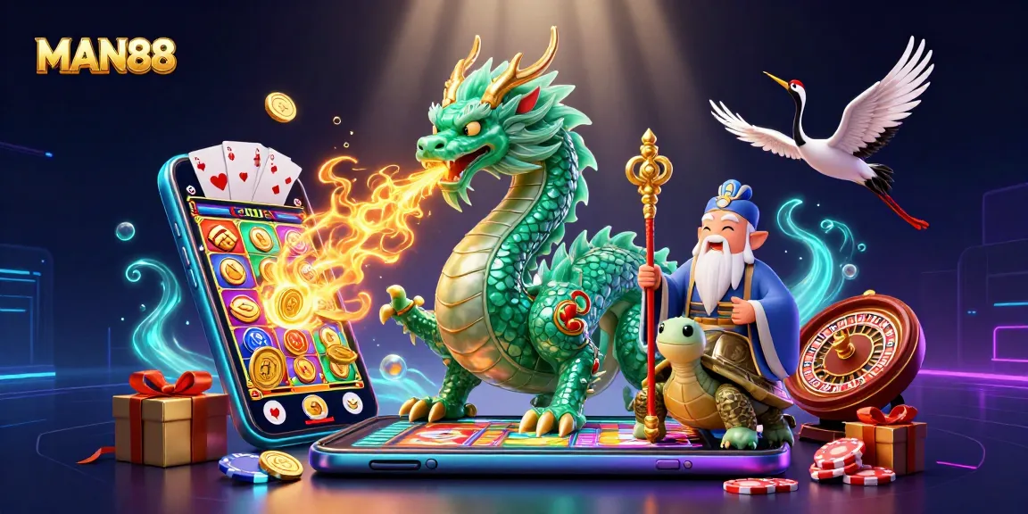 Experience thrilling gaming at MAN88, featuring a dynamic illustration of dragons, turtles, and lucky cranes in a vibrant casino setting.