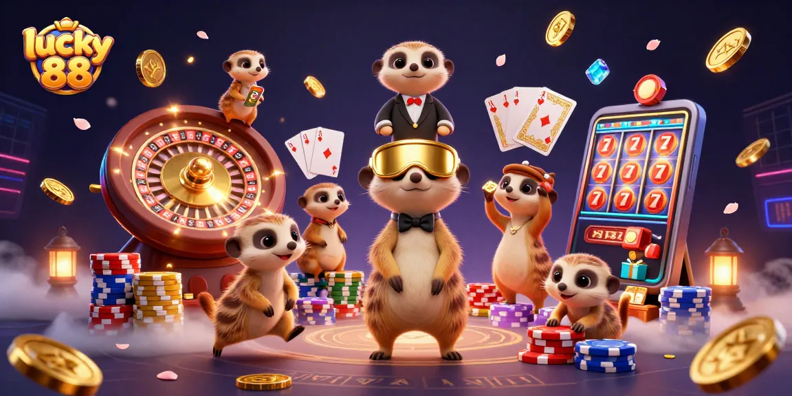 Engage with lucky 88 at a lively meerkat-themed casino, featuring dynamic gameplay and colorful designs.