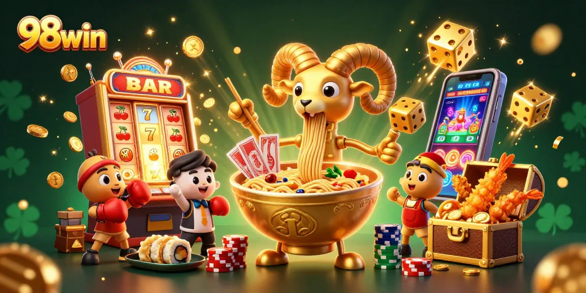 Win big at 98win with the dynamic casino-themed image featuring vibrant characters and thrilling game elements.