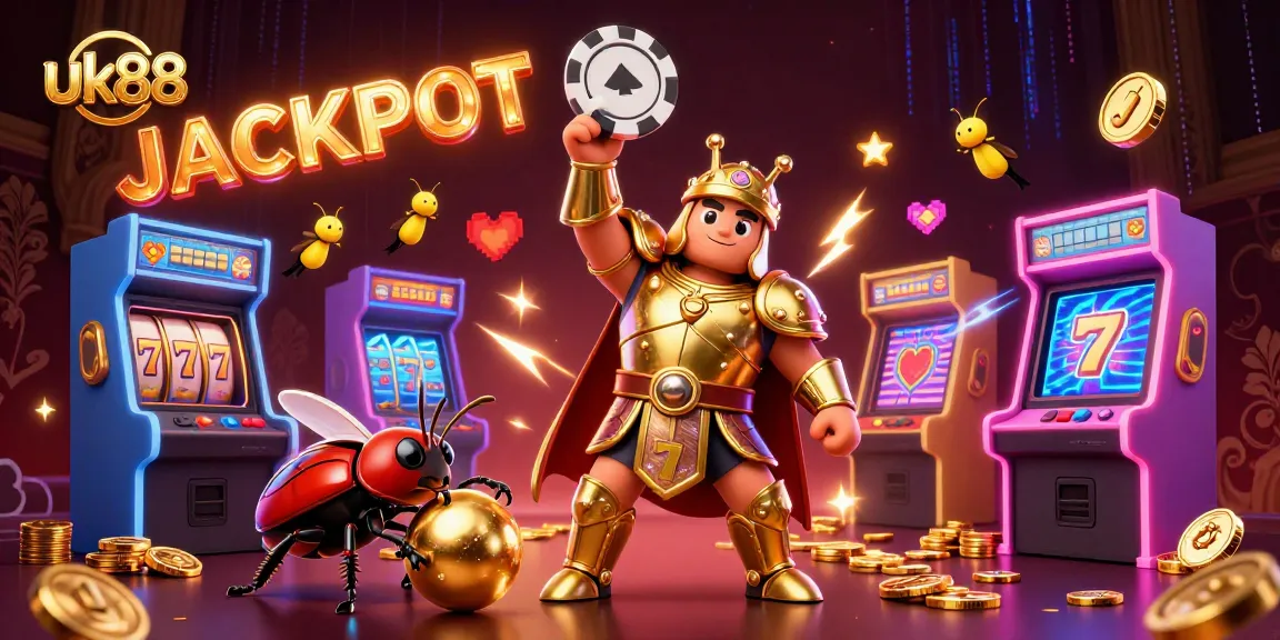 Engage in thrilling slots with uk88 featuring a victorious beetle in vibrant casino scene.