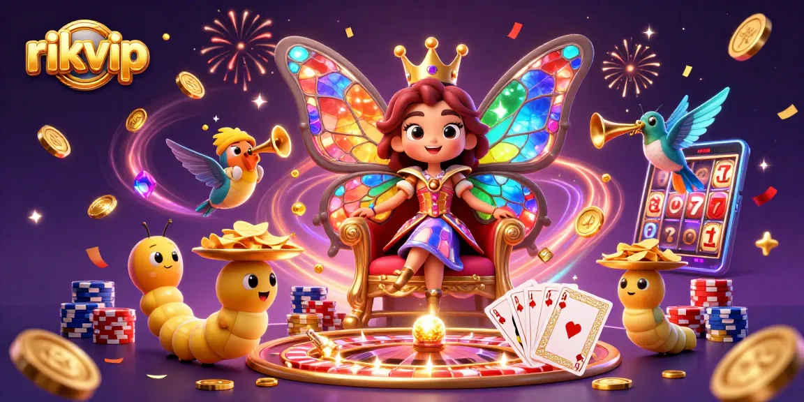 Experience the excitement of rikvip with vibrant casino-themed illustration featuring a butterfly queen and dynamic game elements.