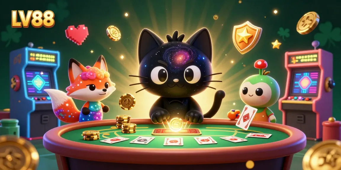 Experience the cosmic thrill of LV88 with a black hole cat and colorful nebula fox at a vibrant casino table.