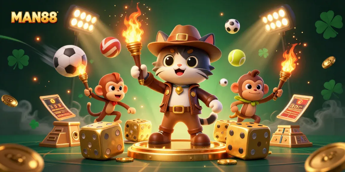 Immerse in MAN88's thrilling world with a cat explorer and monkey finding golden casino treasures.
